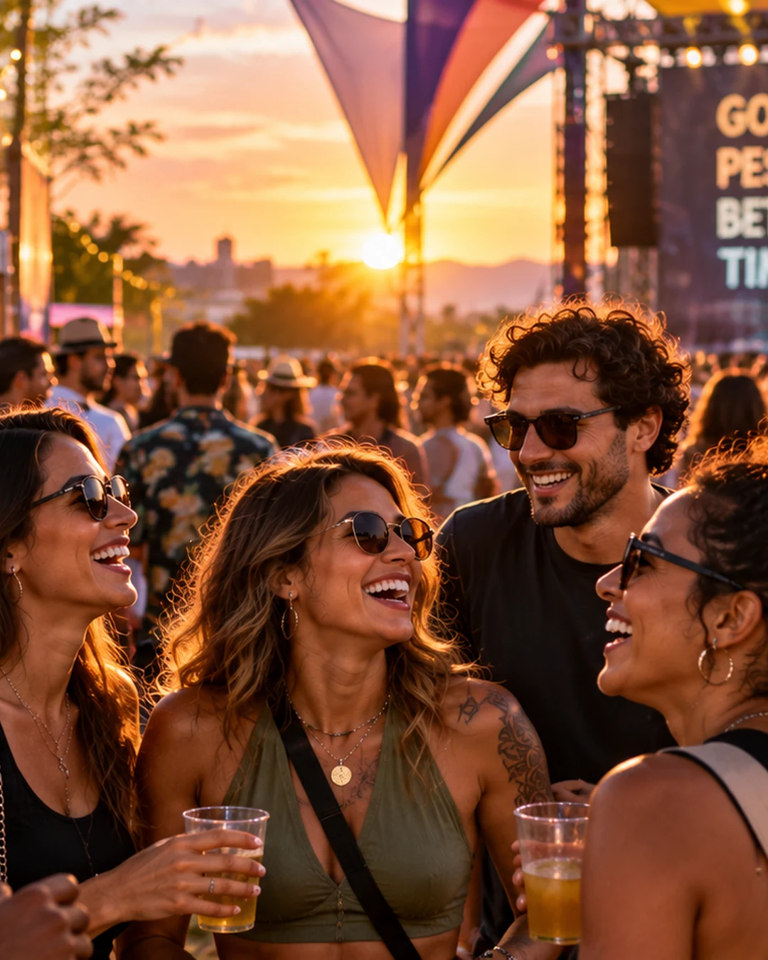 Adultos conversando e sorrindo em evento presencial