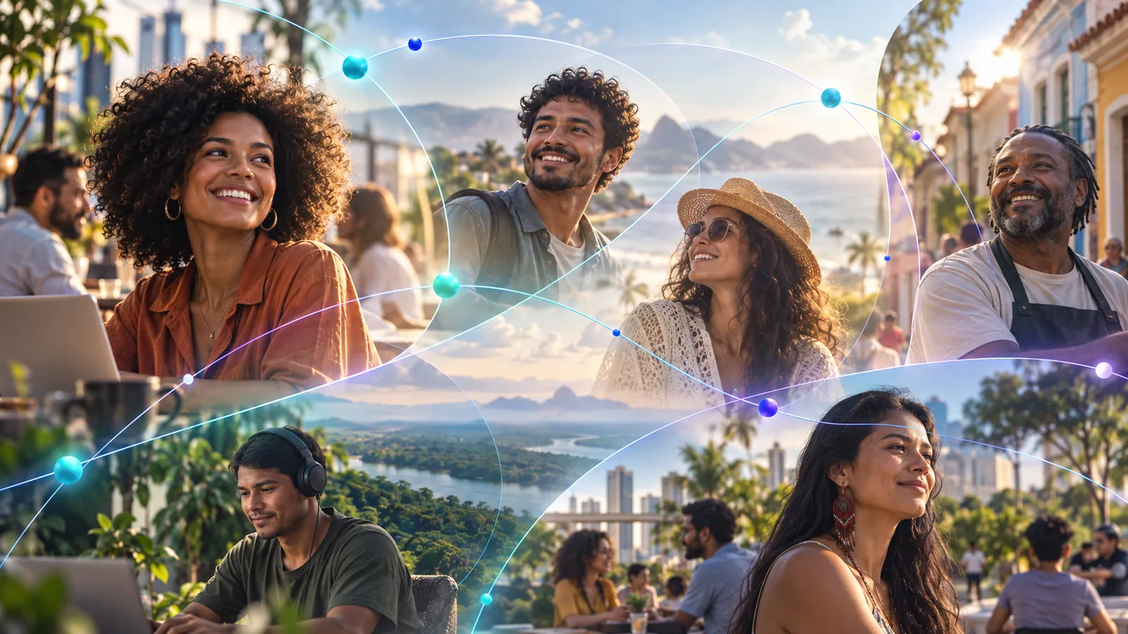 Colagem visual mostrando diferentes pessoas, lugares e cenas que representam a escala nacional da Connectz.me