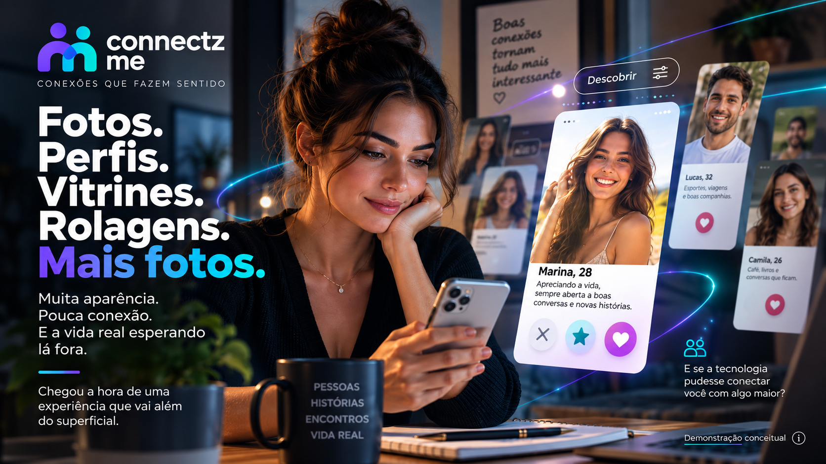 Demonstração conceitual de uma experiência digital centrada em fotos e perfis