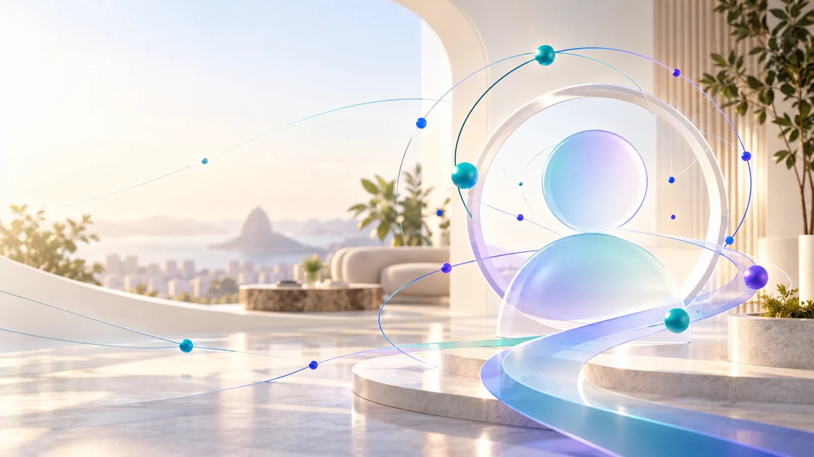 Ilustração abstrata da Connectz.me com estruturas luminosas e atmosfera tecnológica