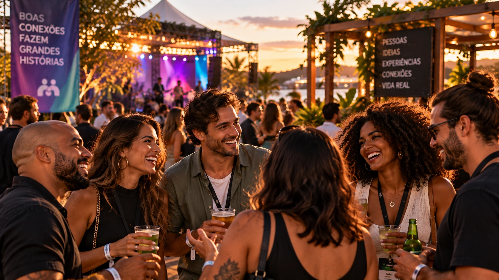Adultos conversando e sorrindo em um evento ao ar livre ao entardecer