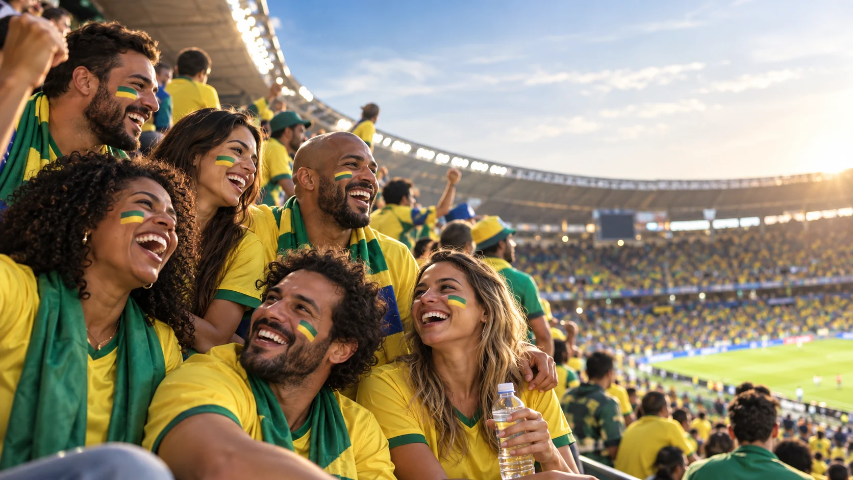 Torcedores adultos do mesmo time celebrando juntos em um estádio de futebol