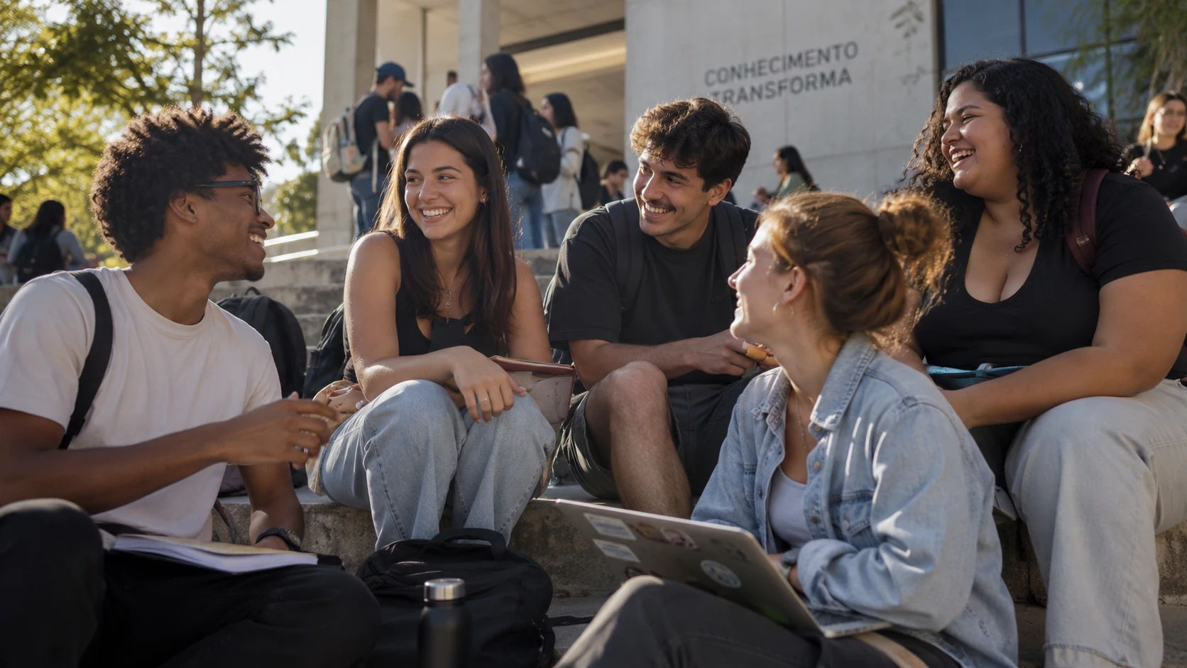 Estudantes adultos conversando em grupo em uma área de convivência de campus universitário