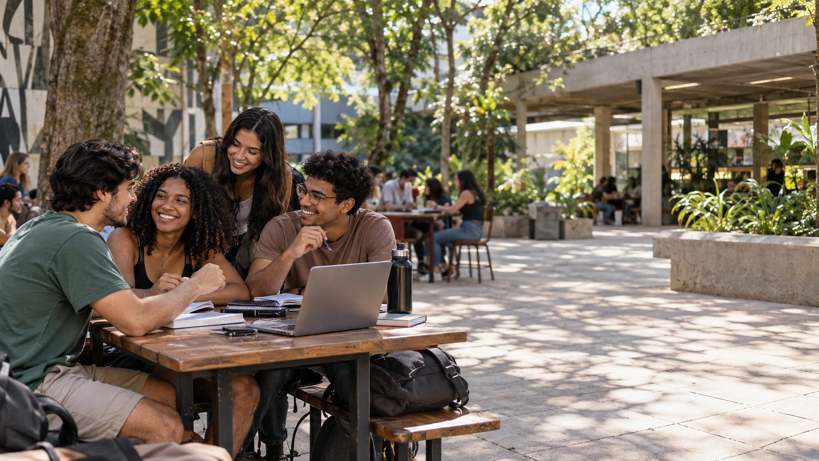 Estudantes adultos conversando em uma área aberta e arborizada de campus universitário