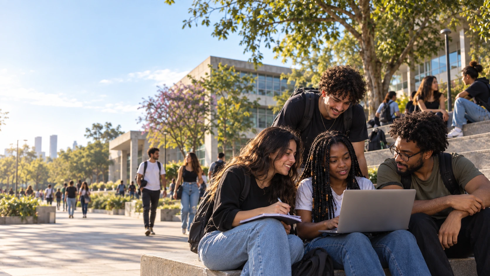 Estudantes adultos compartilhando uma experiência acadêmica em um campus arborizado