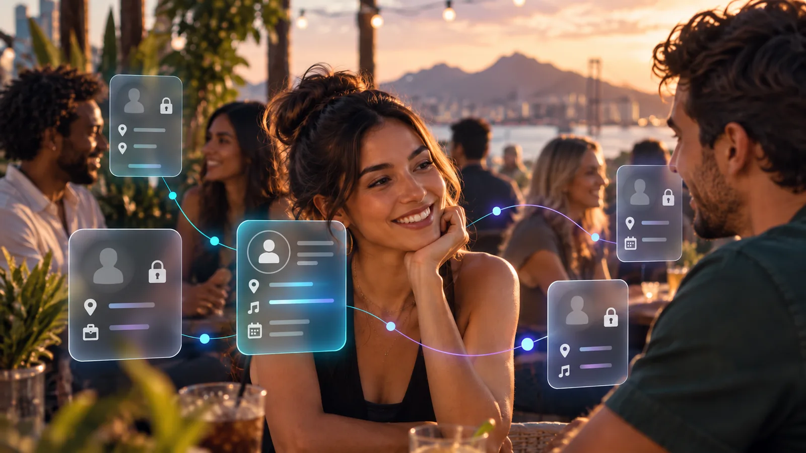 Pessoa em contexto social com camadas visuais que simbolizam privacidade e controle de exposição
