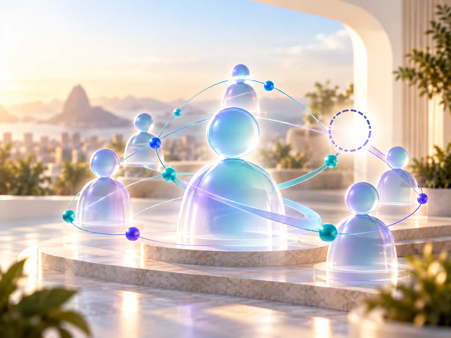 Ilustração de pessoas conectadas em rede, representando talentos reunidos para construir e expandir a Connectz.me