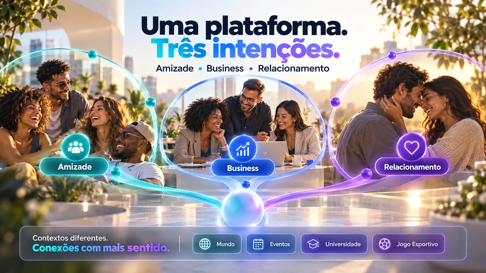 Peça visual da Connectz.me apresentando Amizade, Business e Relacionamento, além dos contextos Mundo, Eventos, Universidade e Jogo esportivo