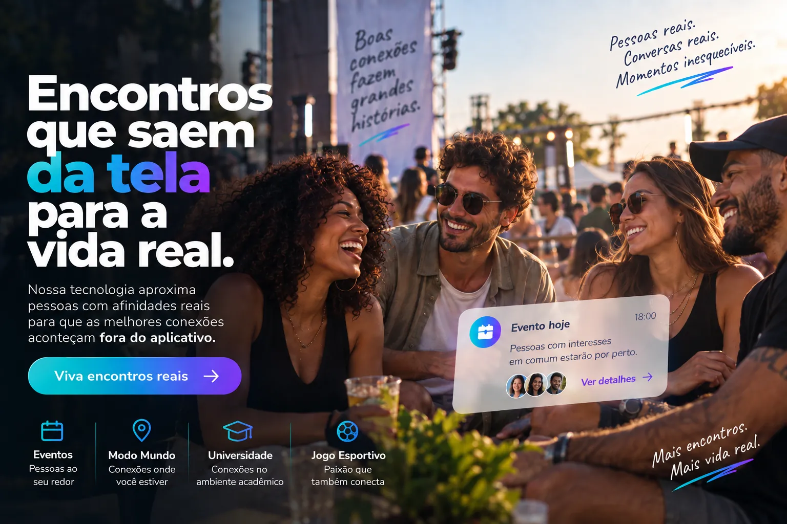 Peça visual da Connectz.me mostrando encontros no mundo real e contextos de uso
